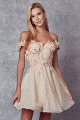 **Allure's Enchanting Floral Embroidered and Glitter Mesh Short Dress**