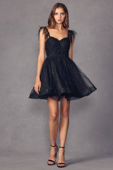 **Ethereal Elegance: Bohemian Sheer Bodice Short Dress with Feather Accents**