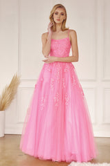 Enchanting Floral Appliqué Tulle Prom Ball Gown by Enchanted Evenings