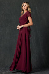 Graceful Elegance: Flutter Sleeve Formal Bridesmaid Dress with Cascade Back for Timeless Glamour