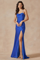 Divine Couture: The Epitome of Glamour in a Cowlneck Corset Prom Gown