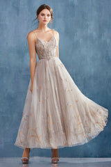 **Celestial Dreams: Embroidered V-Neck A-Line Gown**