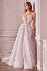 Enchanted Dreams: Captivating V-Neck Gown with Shimmering Accents and Flowing Tulle