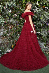 Enchanting Elegance: Off-Shoulder Gown with Shimmering Beads and Cascading Ruffles