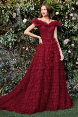 Enchanting Elegance: Off-Shoulder Gown with Shimmering Beads and Cascading Ruffles