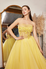 Celestial Dreams: Embrace Enchantment in a Strapless Floral Appliqué Gown