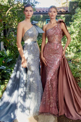 Allure Captivating Gown: Beaded Appliqués, Asymmetrical Neckline, Detachable Overskirt