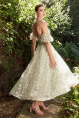Enchanted Embrace: Ethereal Organza Tea-Length Dress for Magical Occasions