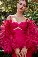 Captivating Couture: Enchanting Mermaid Gown with Feather-Adorned Sleeves