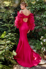 **Divine Couture: Captivating Mermaid Gown with Feather-Adorned Sleeves**
