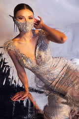 **Cinderella Divine: Enchanting V-Neck Feathered Mermaid Gown for Formal Occasions**