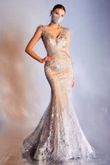 **Cinderella Divine: Enchanting V-Neck Feathered Mermaid Gown for Formal Occasions**