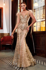 **Cinderella Divine: Enchanting V-Neck Feathered Mermaid Gown for Formal Occasions**