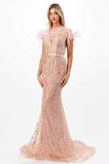 Cinderella Divine CB082: Enchanting Mermaid Gown with Feather Accents and Glitter Embellishments