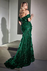**Cinderella Divine's Gilded Floral Lace Appliqué Gown: Elegance Personified**