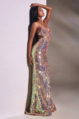 Cinderella Divine CD880: Iridescent Sequined Mermaid Gown for Enchanting Evenings