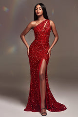 Cinderella Divine CD884: Shimmering Sequined One-Shoulder Gown for Captivating Occasions