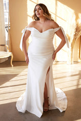 Cinderella Divine: Captivating Bridal Gown with Enchanting Pleats and Off-Shoulder Charm