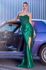 Cinderella Divine: Shimmering Strapless Evening Gown with Metallic Lace and Sweep Train
