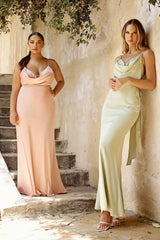 Enchanting Satin Gown: Graceful Silhouette, Alluring Neckline, and Captivating Sash