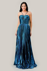Captivating Cinderella Divine: Shimmering Metallic Pleated Halter Gown for Unforgettable Occasions