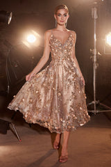 Cinderella Divine: Enchanting A-Line Tea-Length Dress with Floral Symphony
