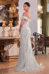 **Ethereal Elegance: Off-the-Shoulder Floral Appliqué Gown by Cinderella Divine**