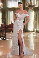 **Ethereal Elegance: Off-the-Shoulder Floral Appliqué Gown by Cinderella Divine**