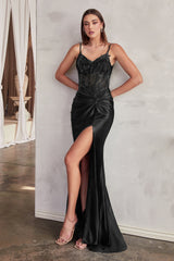 Cinderella Divine: Fitted Satin Gown with Intricate Beading and Alluring Leg Slit
