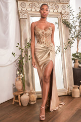 Cinderella Divine: Fitted Satin Gown with Intricate Beading and Alluring Leg Slit