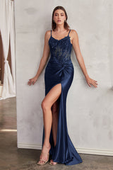 Cinderella Divine: Fitted Satin Gown with Intricate Beading and Alluring Leg Slit