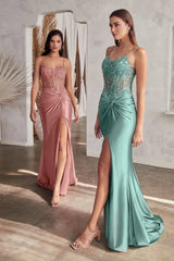Cinderella Divine: Fitted Satin Gown with Intricate Beading and Alluring Leg Slit