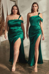 Cinderella Divine: Captivating Satin Gown with One-Shoulder Drape and Leg Slit