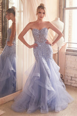 Enchanting Strapless Tiered Beaded Mermaid Gown by CINDERELLADIVINE