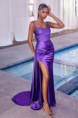 Cinderella Divine: Enchanting Fitted Satin Gown with Daisy Beading and Alluring Slit