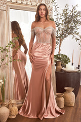 Cinderella Divine: Enchanting Off-Shoulder Beaded Gown with Alluring Slit