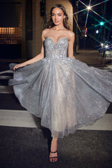 **Cinderella Divine's Shimmering Silver Tea-Length Dress: A Fairytale Come True**