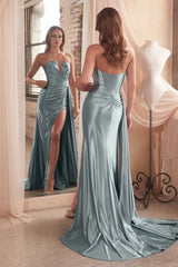 **Cinderella Divine: Goddess-Inspired Strapless Satin Dress with Enchanting Slit**
