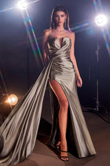 **Cinderella Divine: Goddess-Inspired Strapless Satin Dress with Enchanting Slit**
