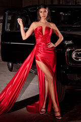 **Cinderella Divine: Goddess-Inspired Strapless Satin Dress with Enchanting Slit**