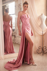 Unveil Your Goddess Glow: Cinderella Divine's Ethereal Satin Gown with Captivating Slit