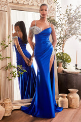 **Embrace Enchanting Elegance: Cinderella Divine's Off-Shoulder Beaded Satin Dress**