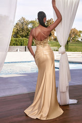 Cinderella Divine: Enchanting Fitted Satin Gown with Beaded Lace Embellishments