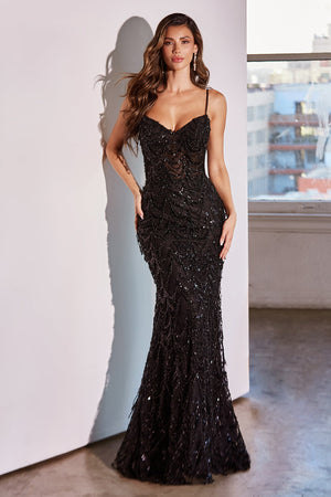 **Cinderella Divine: Enchanting Draped Gown with Black Beading**