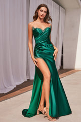 Enchanting Cinderella Divine: The Strapless Fitted Satin Gown with Slit