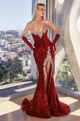 CINDERELLADIVINE: Shimmering Sequin Gown with Gloves for a Captivating Night