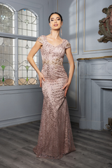 May Queen MQ2062 Long Mesh Gown with Floral Applique
