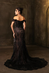 Off-Shoulder Glitter Gown with High Slit