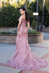 Off-Shoulder Glitter Gown with High Slit