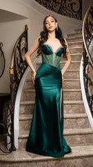 Strapless Crystal Embellished Satin Gown by May Queen